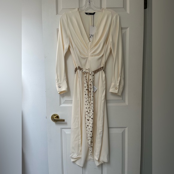 NWT ZARA Cream Knot Front Midi Dress with Polka Dot Belt XS Blogger Fav - Picture 4 of 16